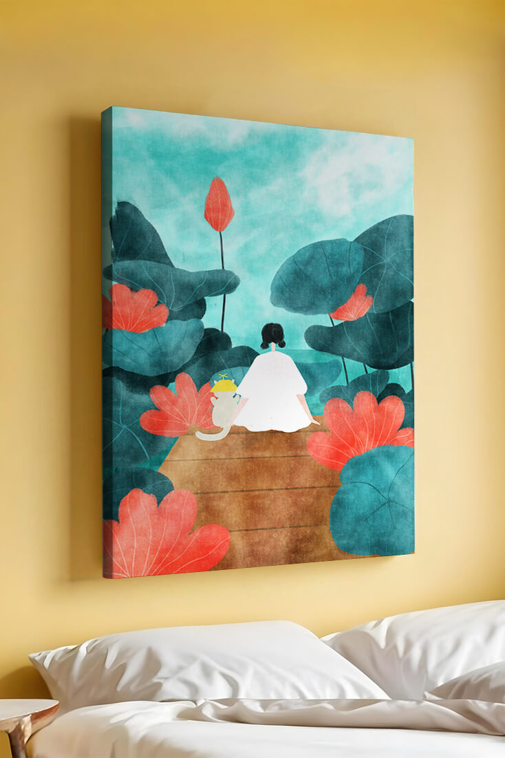 Serene scene with a person and cat among large leaves and flowers