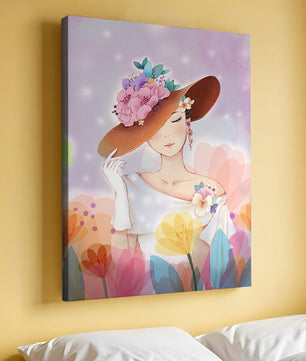 Mujer elegante con sombrero floral entre flores coloridas