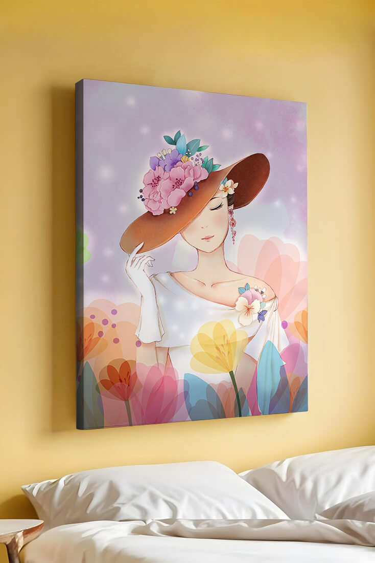 Mujer elegante con sombrero floral entre flores de colores