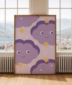 Wunderliches lila Wolken- und Sternenmuster für die Kinderzimmerdekoration