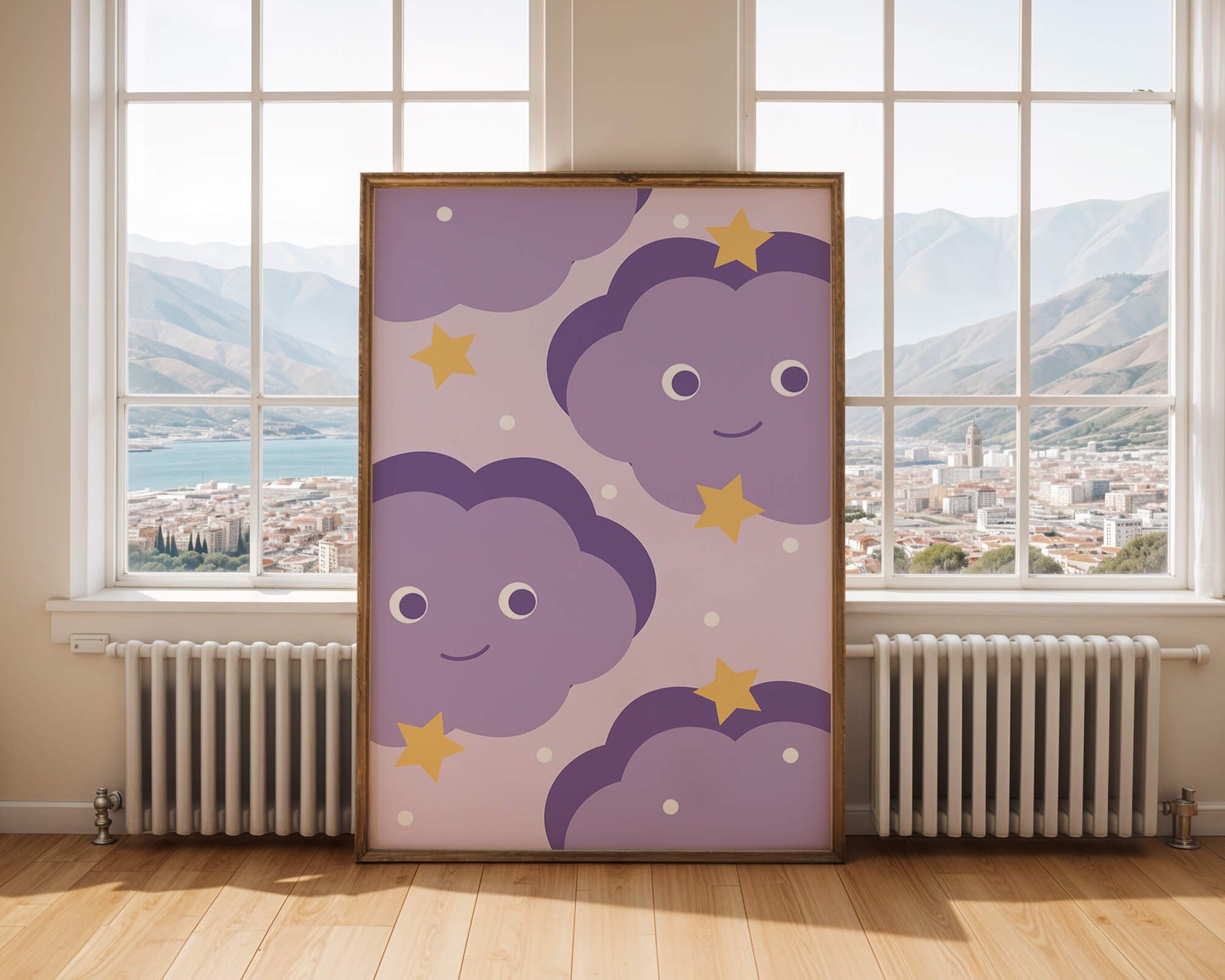 Whimsical purple cloud and star pattern for children's room decor