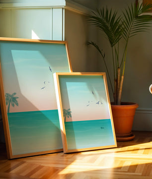 Serene Beach Landscape with Palm Trees and Seagulls at Sunset