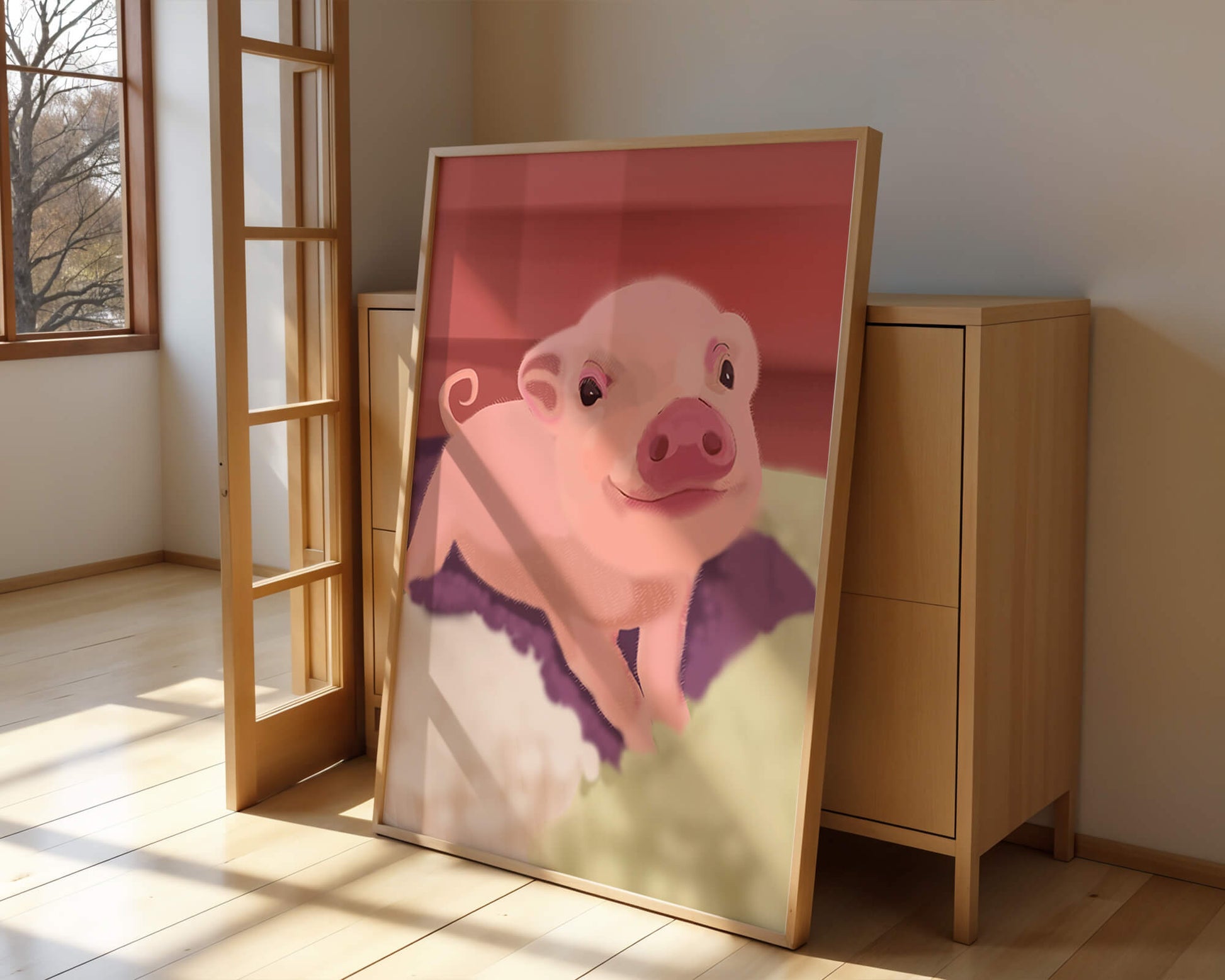 Una encantadora ilustración de un lindo cerdito con un fondo cálido.