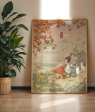 Traditional Chinese painting with autumn scenery and lady sipping tea