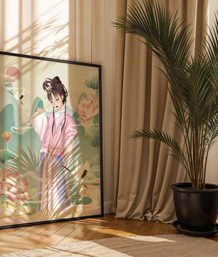 Femme élégante en tenue traditionnelle avec lotus en fleurs et grues