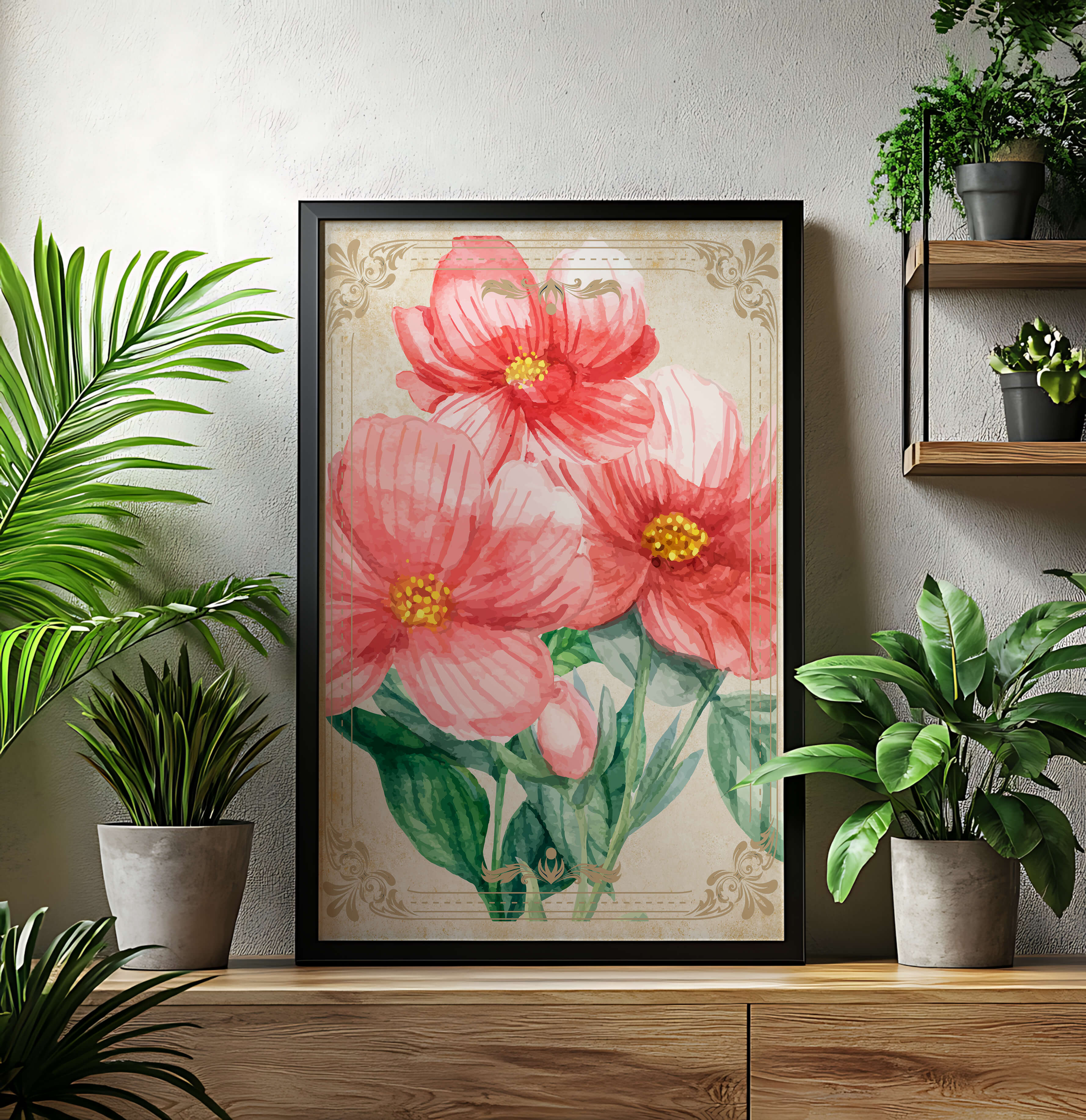 Watercolor floral illustration with pink blooms and green foliage