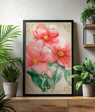 Watercolor floral illustration with pink blooms and green foliage