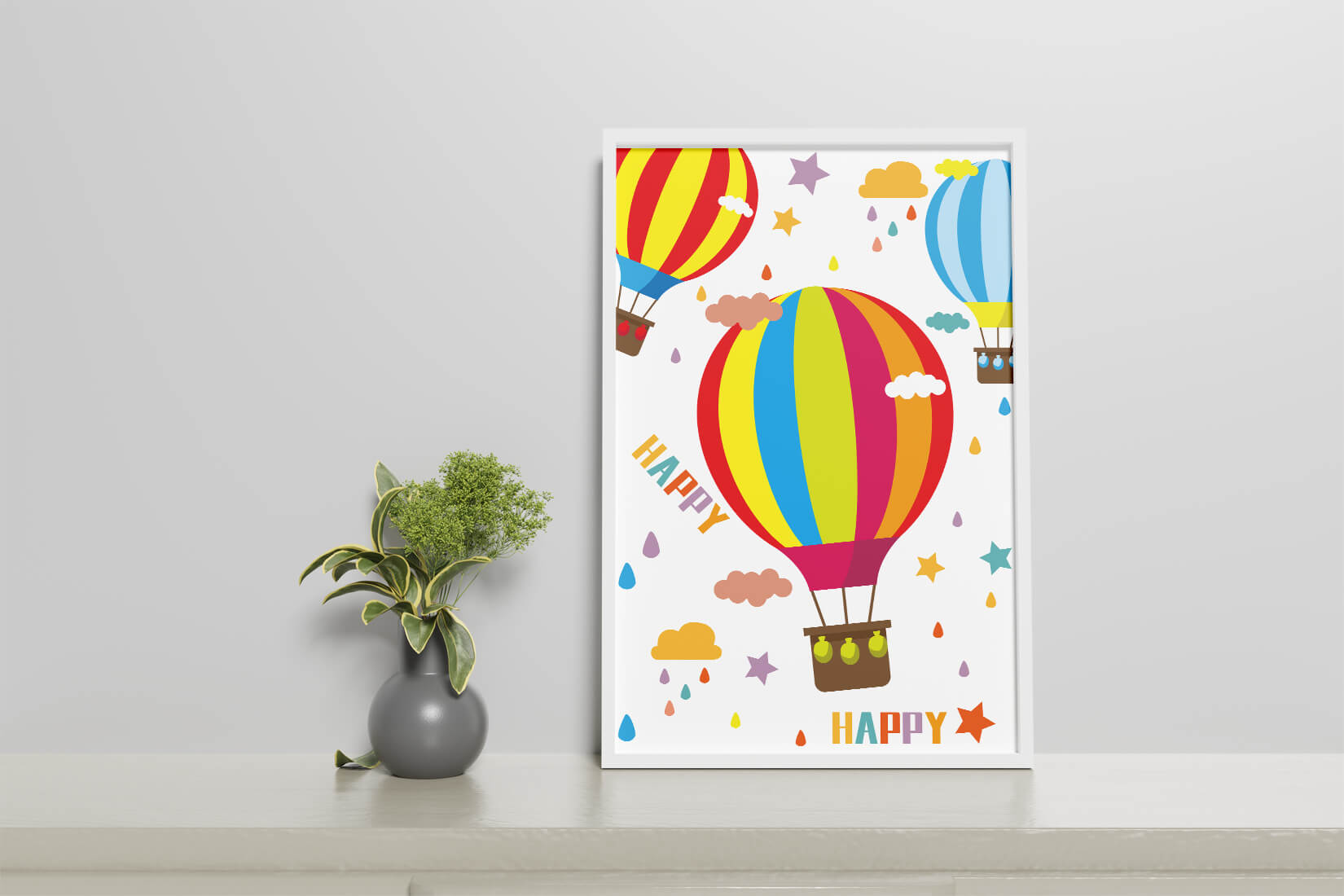 Colorful hot air balloons and happy clouds illustration
