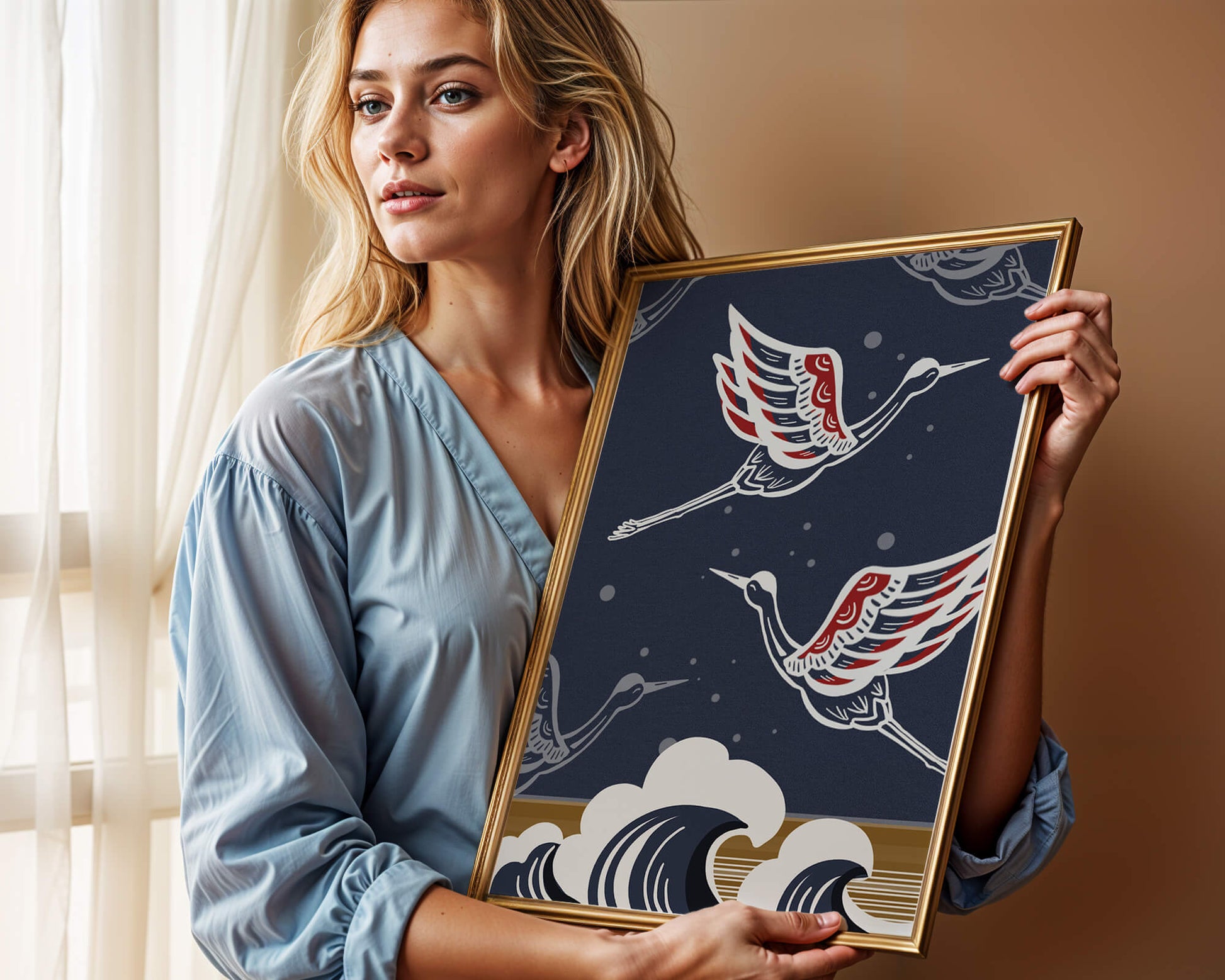 Illustrative cranes flying over ocean waves with dark background
