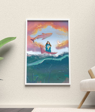 Illustration fantaisiste d'une fille sur un bateau avec une baleine volante
