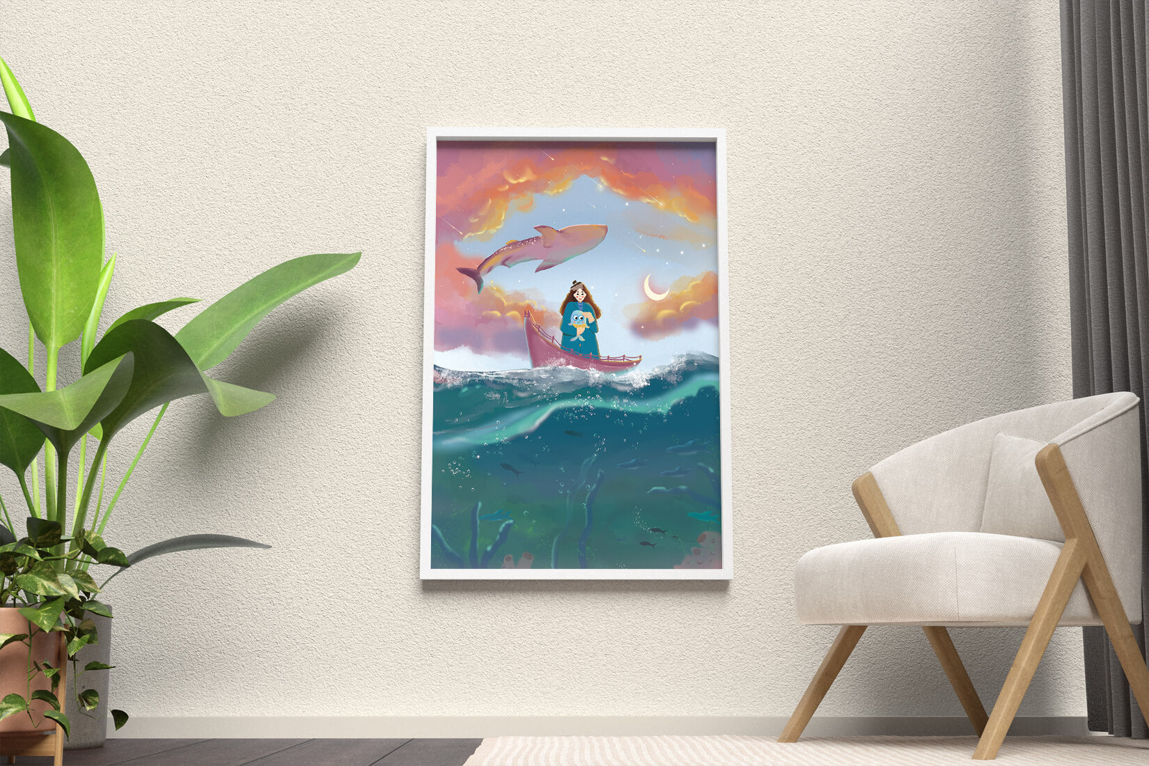 Whimsical illustration of a girl on a boat with a flying whale