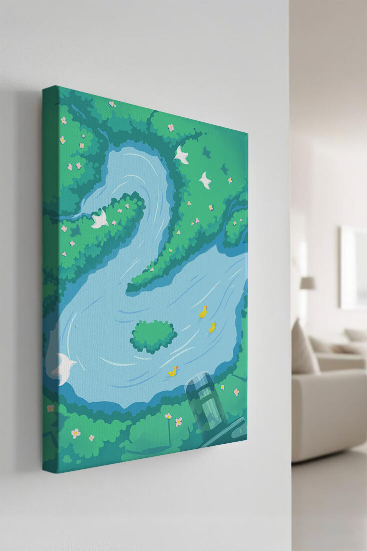 Río sereno con patos y aves en un paisaje exuberante