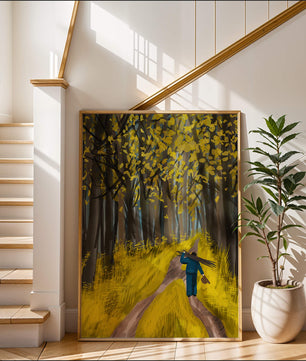 Man Walking Through a Sunny Forest with Golden Leaves