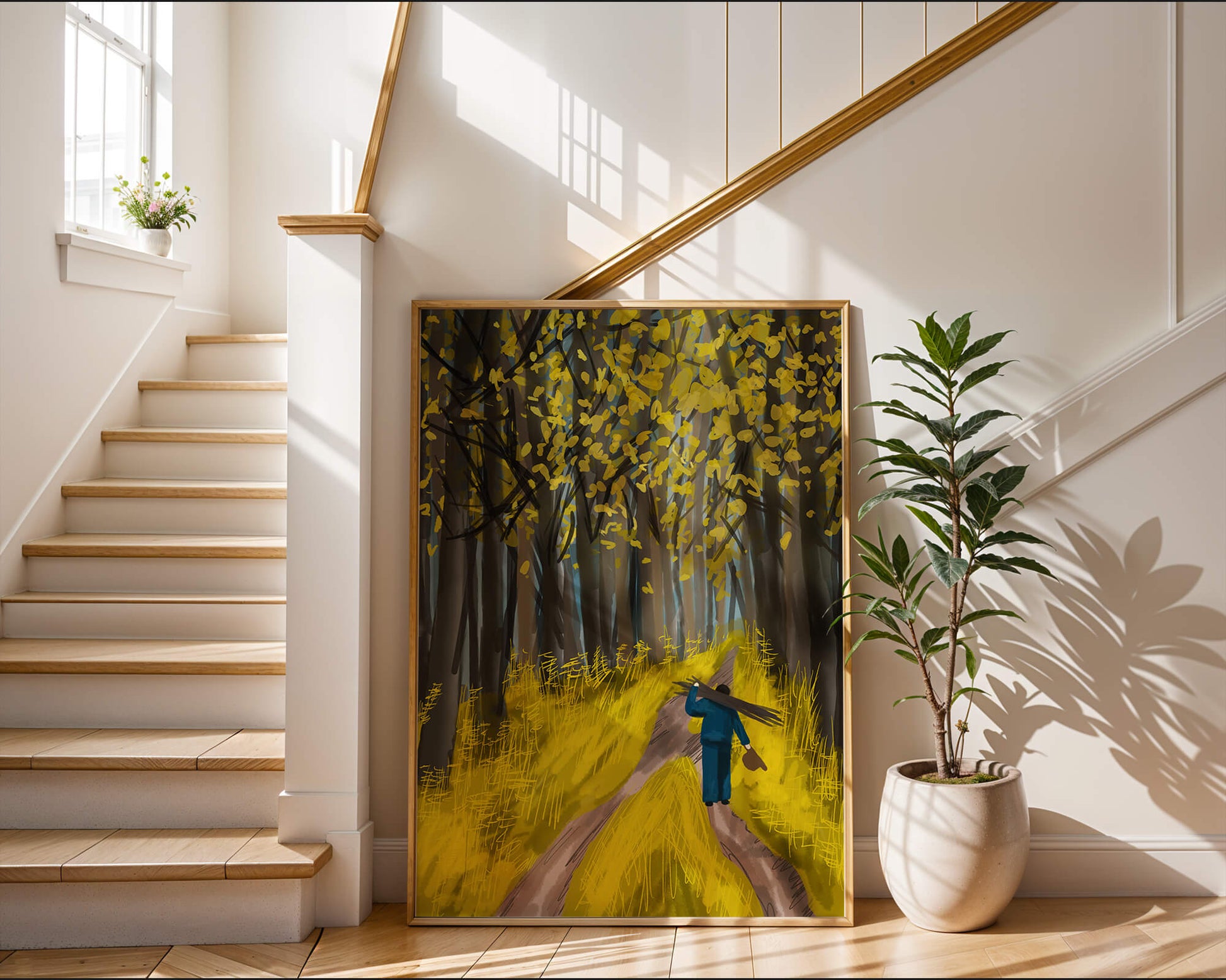 Man Walking Through a Sunny Forest with Golden Leaves