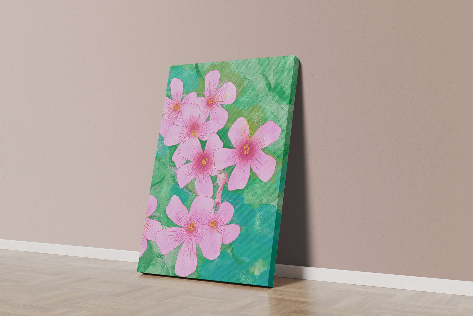 Zarte rosa Blüten auf einem leuchtend grünen Hintergrund Illustration