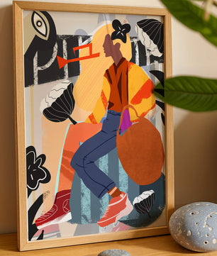 Colorful abstract fashion illustration with floral and geometric elements