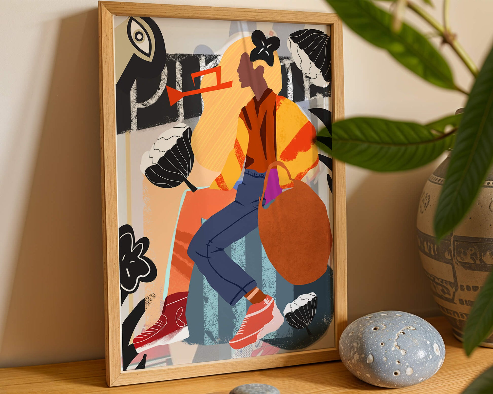 Colorful abstract fashion illustration with floral and geometric elements