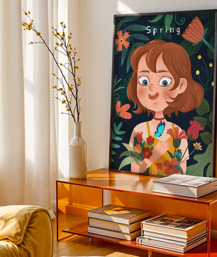 Ilustración primaveral encantadora con flores y mariposa