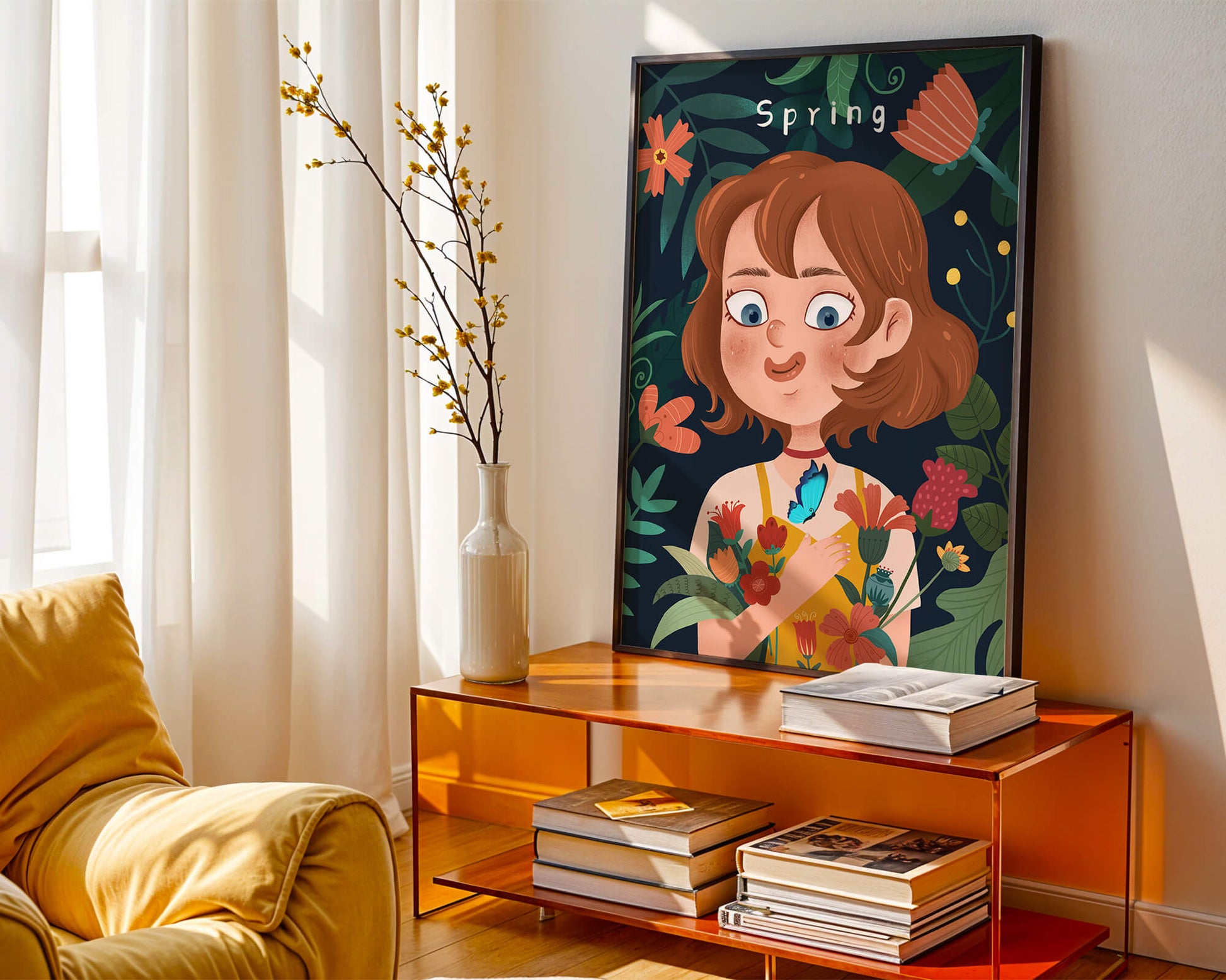 Ilustración primaveral encantadora con flores y mariposa
