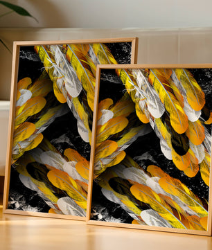 Abstract Composition with Yellow and White Feathers on a Black Background - Mi tienda