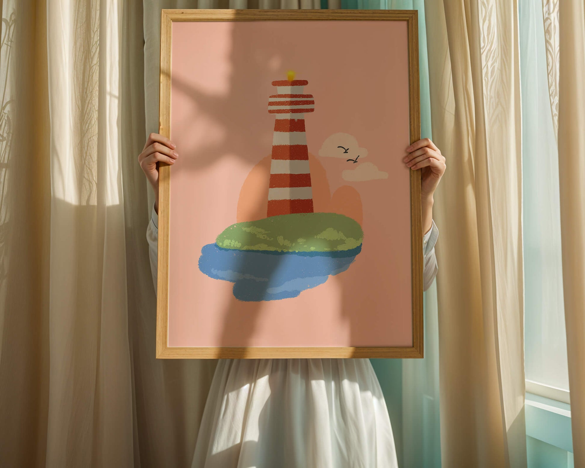 Ilustración encantadora de un faro con un entorno costero tranquilo