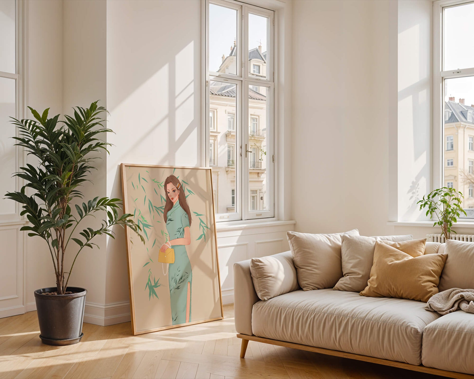Mujer elegante con vestimenta tradicional sosteniendo un bolso amarillo con fondo de bambú