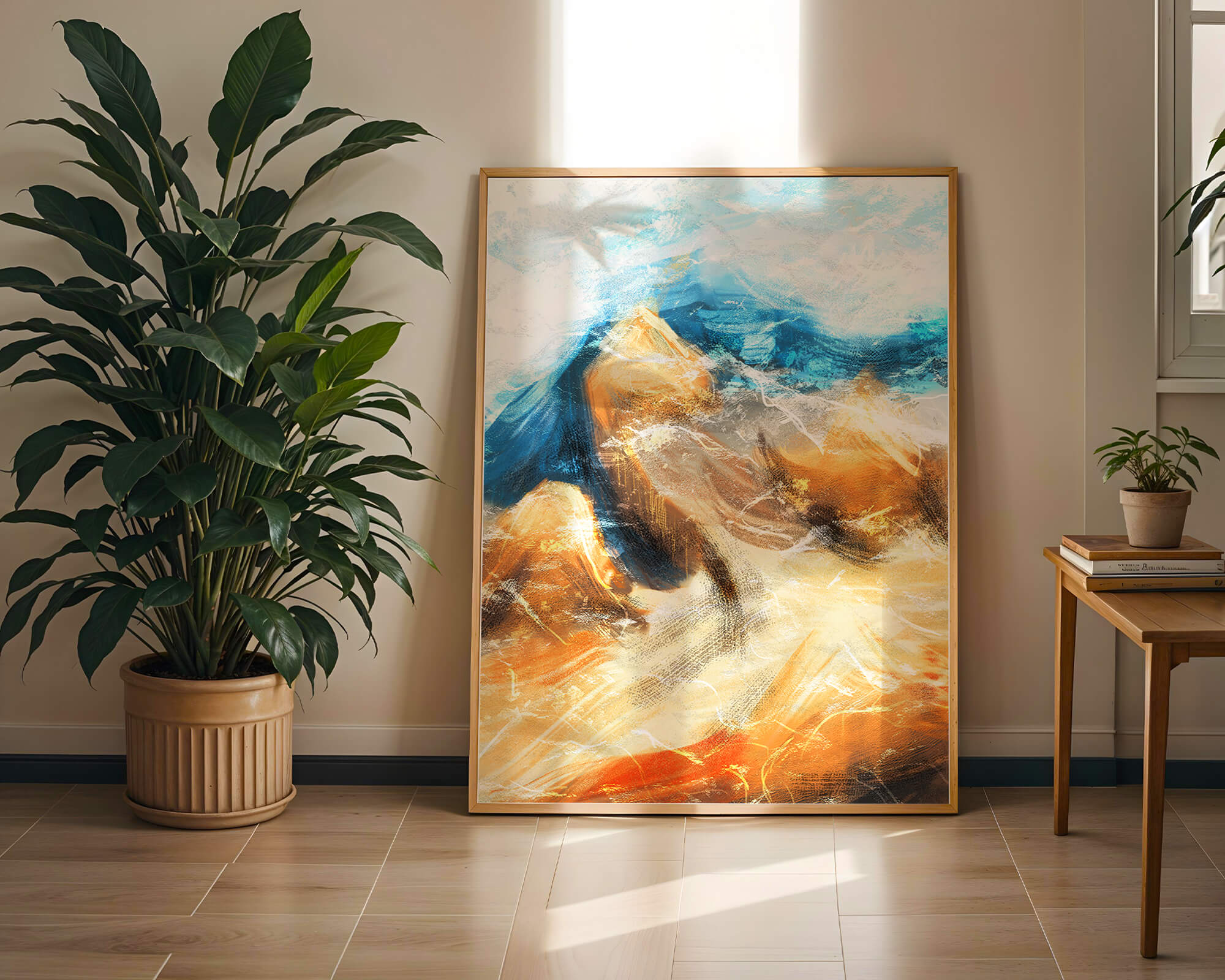 Abstract landscape with blue and golden hues