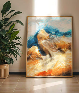 Paisaje abstracto con tonos azules y dorados