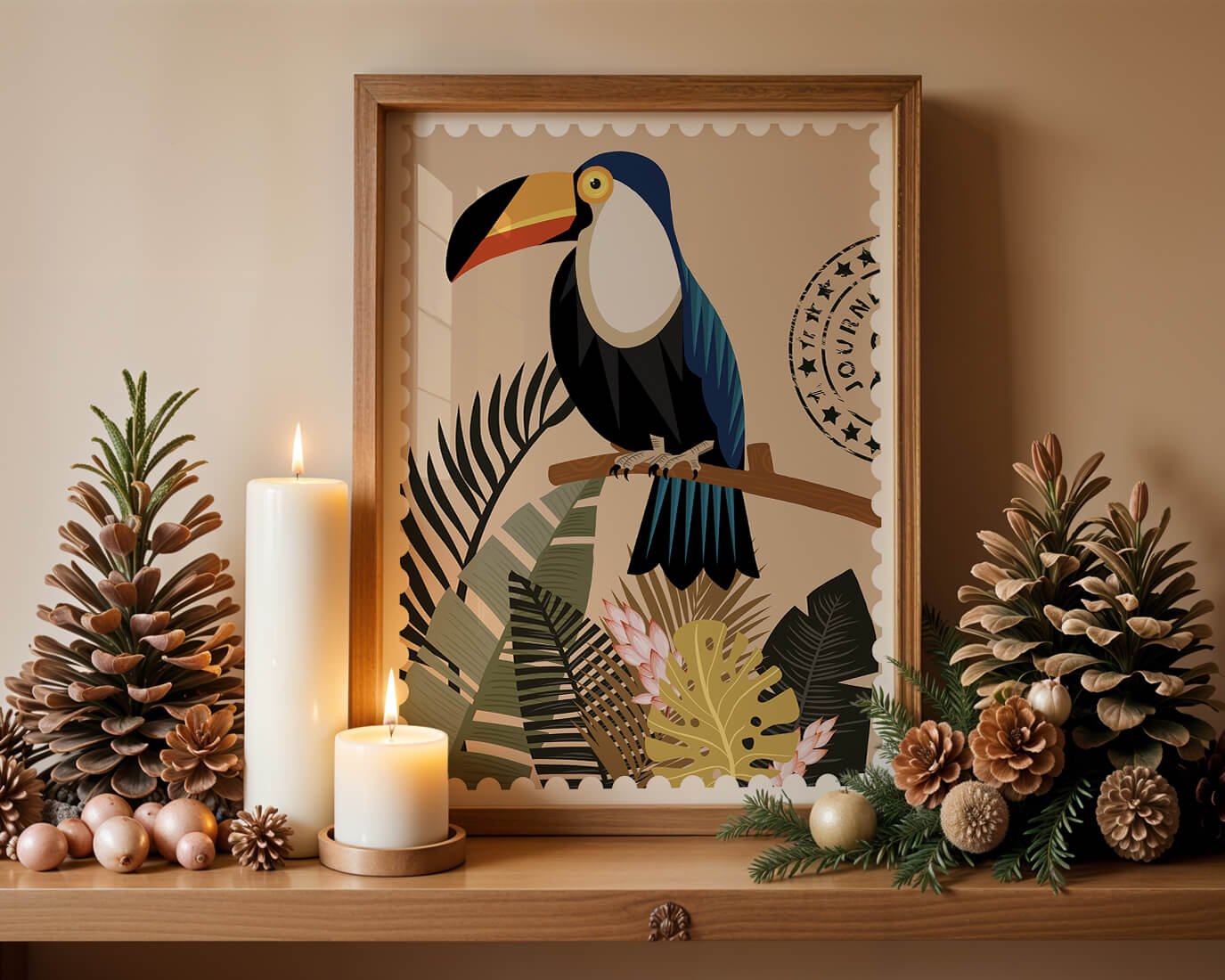 Colorful Toucan Surrounded by Tropical Leaves with Travel Stamp