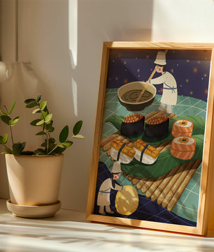 Ilustración juguetona de chefs preparando sushi en un paisaje imaginario