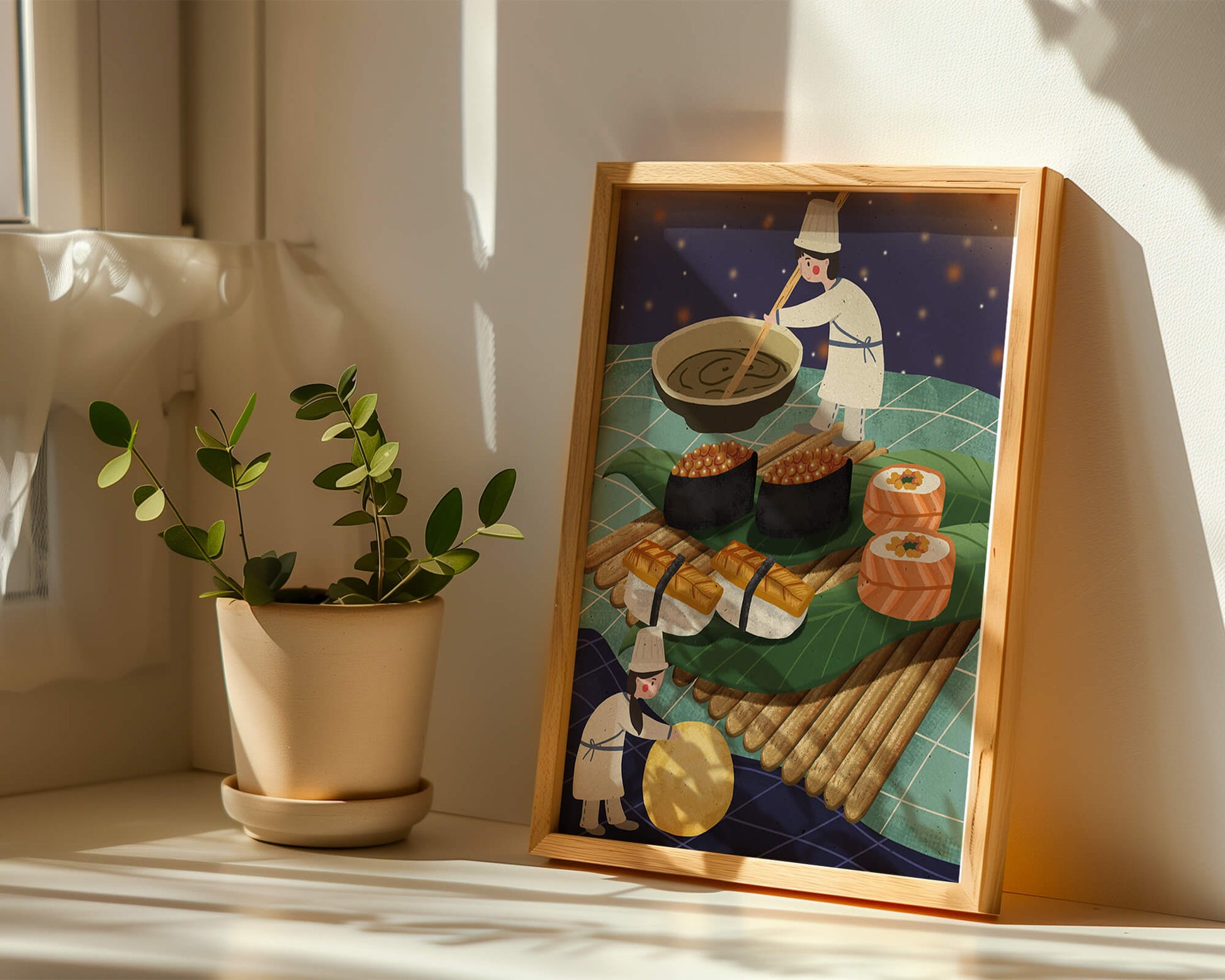 Ilustración juguetona de chefs preparando sushi en un paisaje imaginario