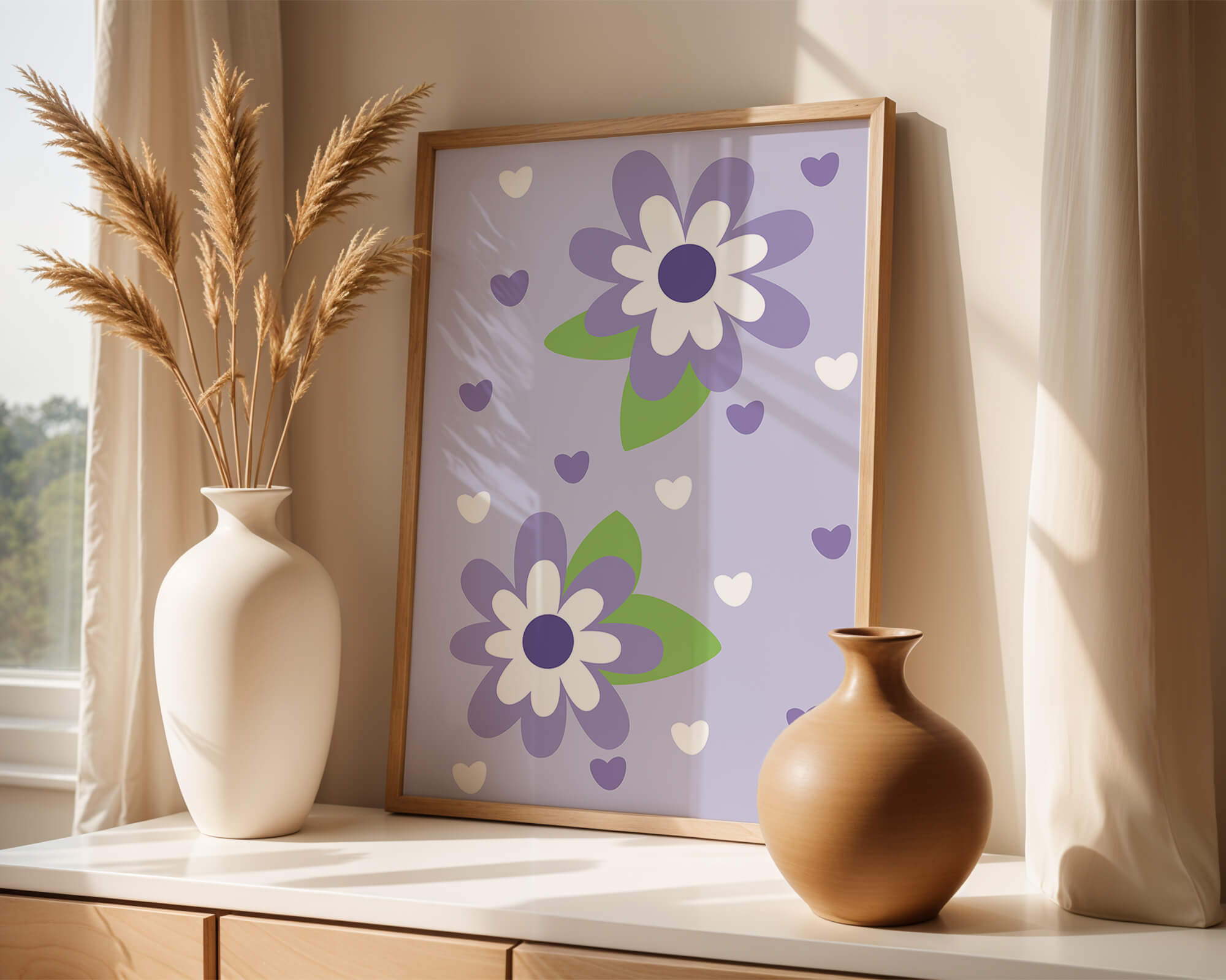 Elegant purple floral pattern with green leaves and heart accents