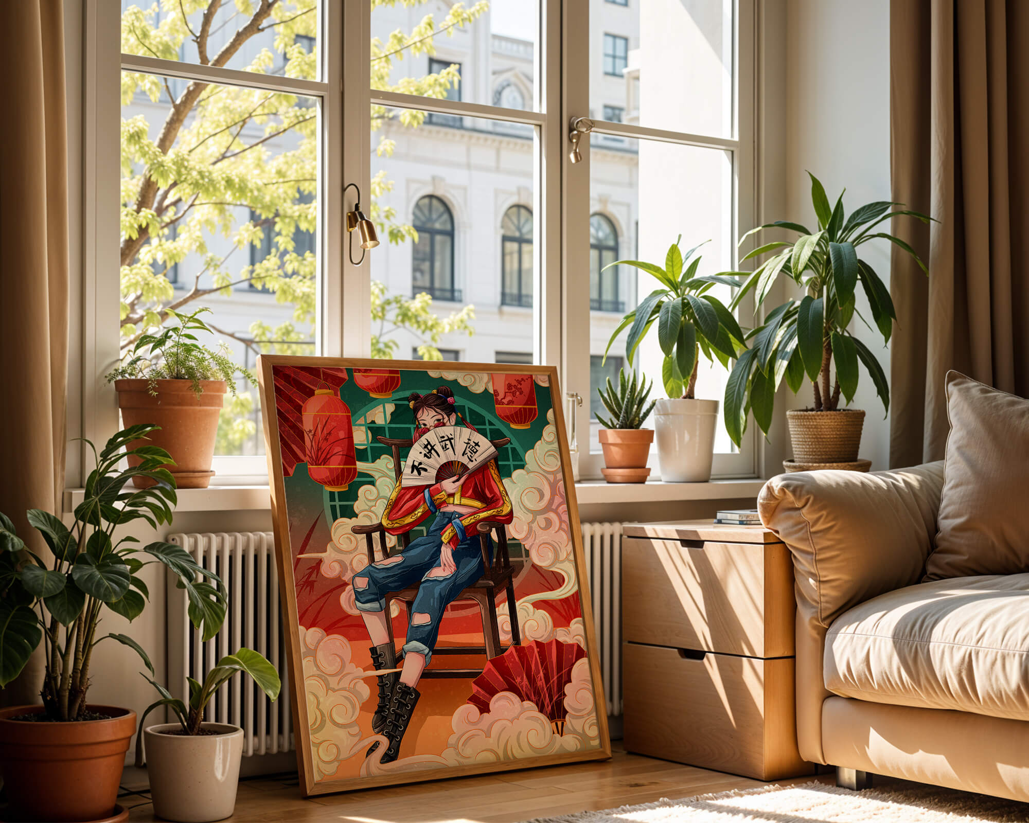 Female character with fan in colorful oriental setting