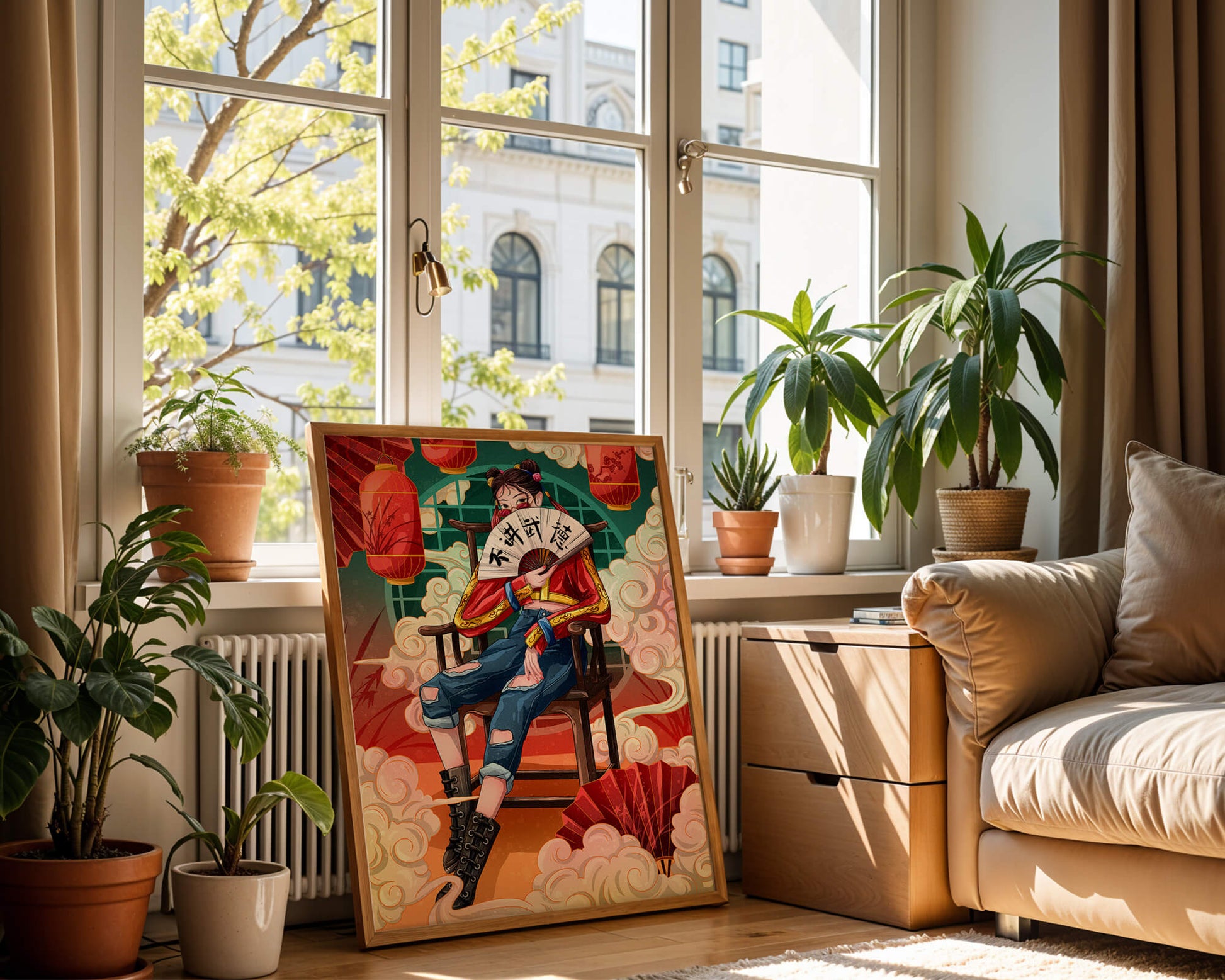 Female character with fan in colorful oriental setting