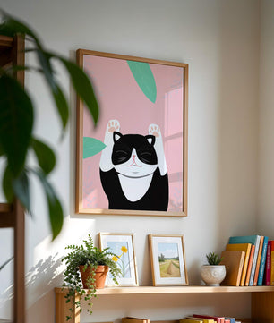 Gato ilustrado sobre fondo rosa con hojas.