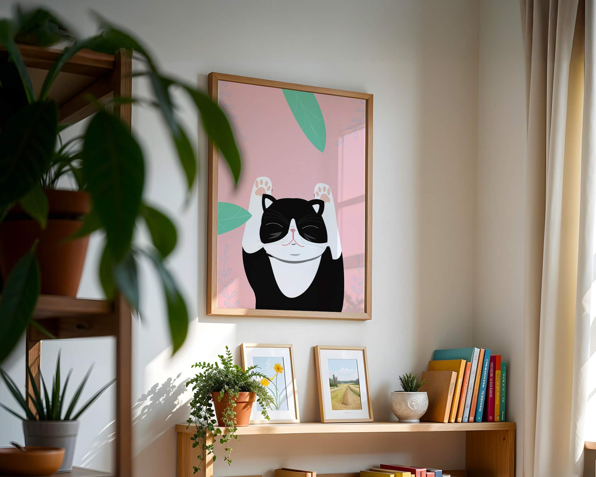 Illustrated cat on pink background with leaves