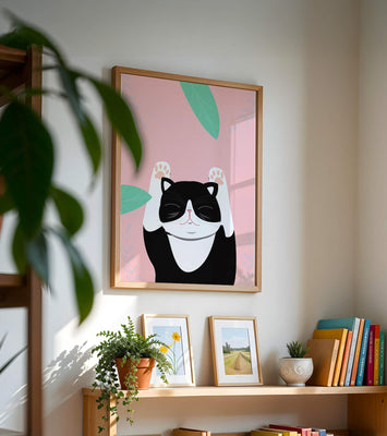 Illustrated cat on pink background with leaves