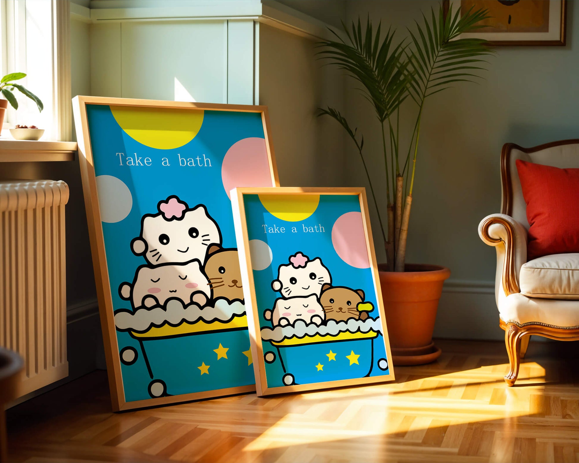 Adorable cartoon characters in a bubble bath with vibrant background