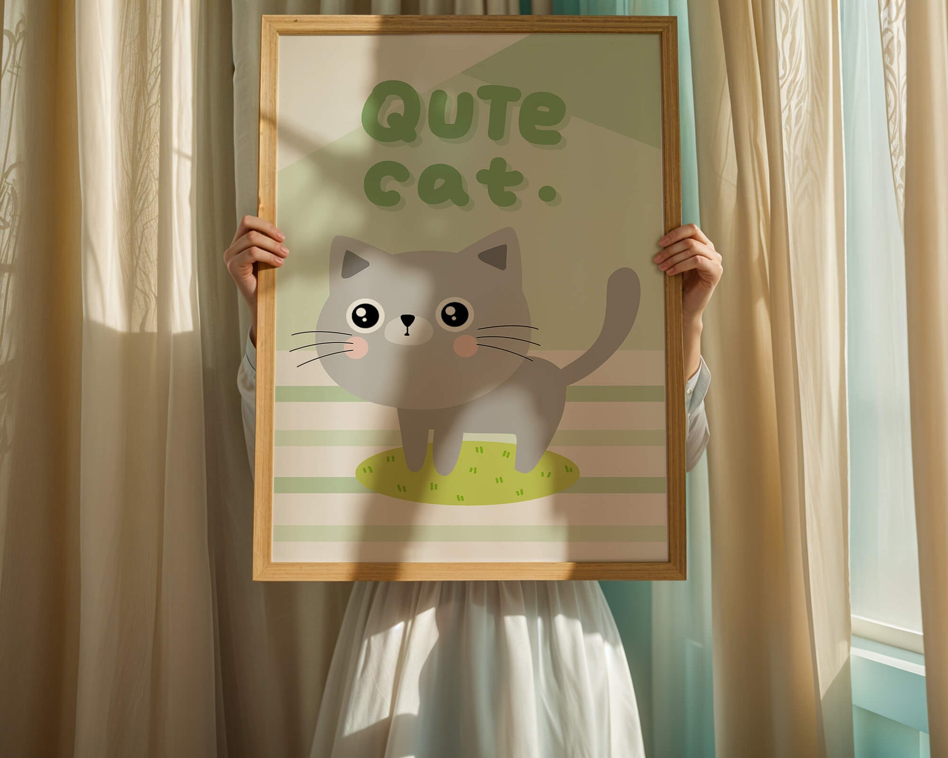 Adorable cartoon cat illustration on pastel background