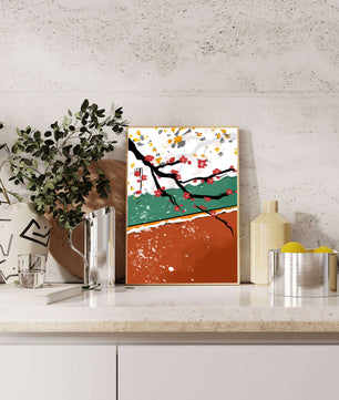 Artistic depiction of blossom branches with gold elements and abstract background