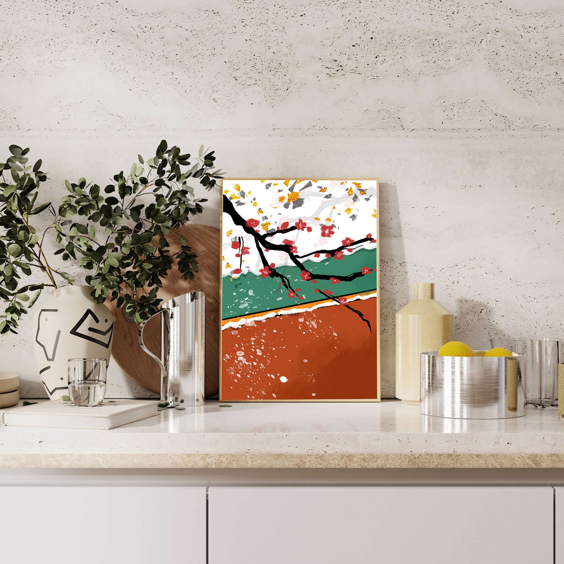 Artistic depiction of blossom branches with gold elements and abstract background