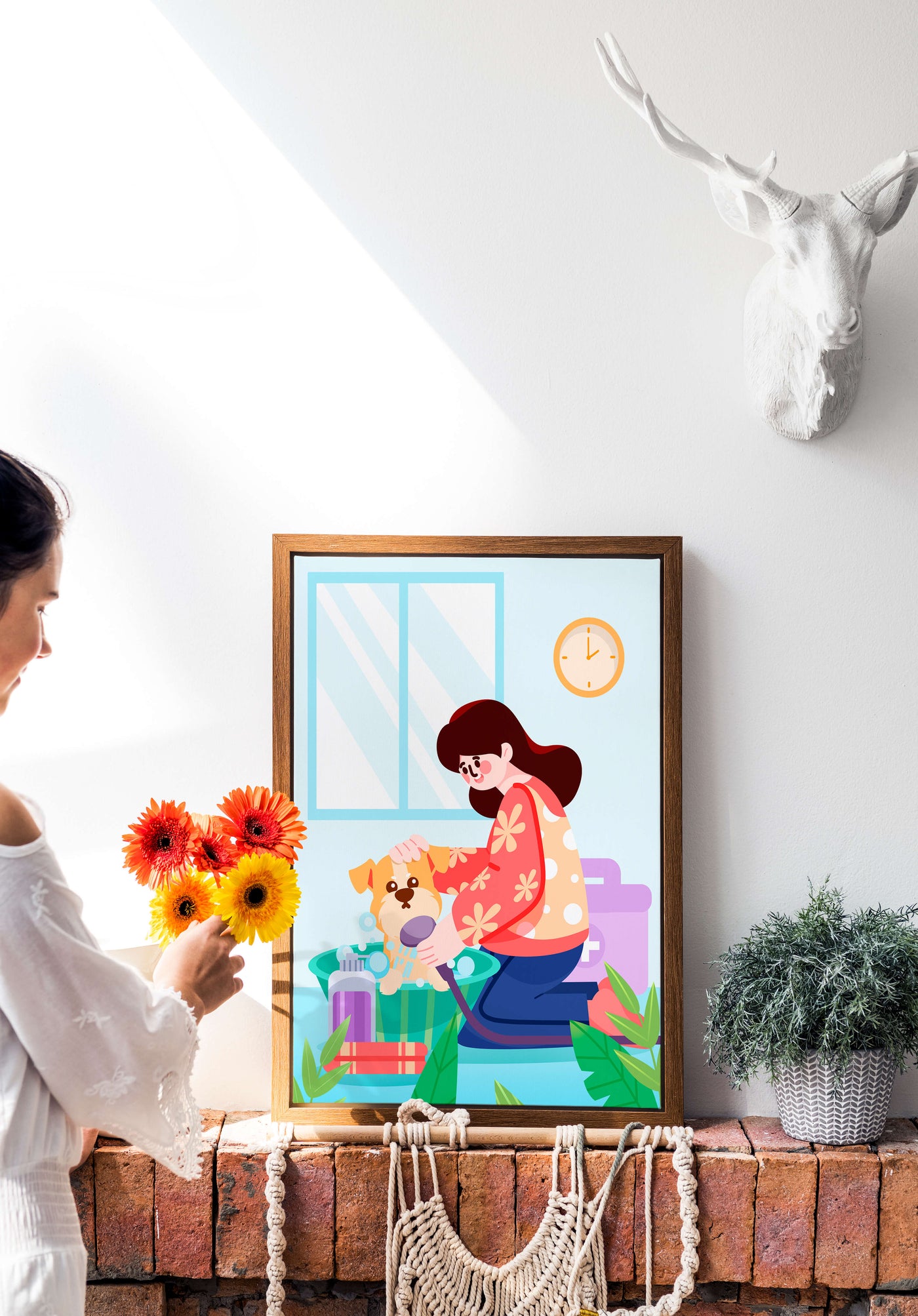 Woman giving a bath to a dog in a colorful bathroom setting