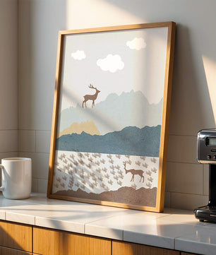 Majestic Deer and Mountain Landscape in Minimalist Style - Mi tienda