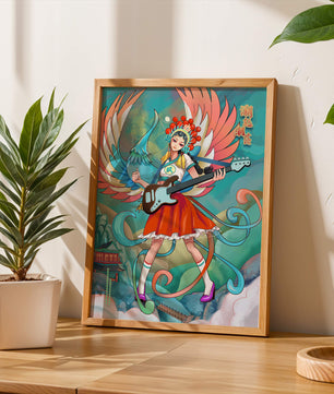 Fusión colorida de arte tradicional y moderno con un músico como protagonista