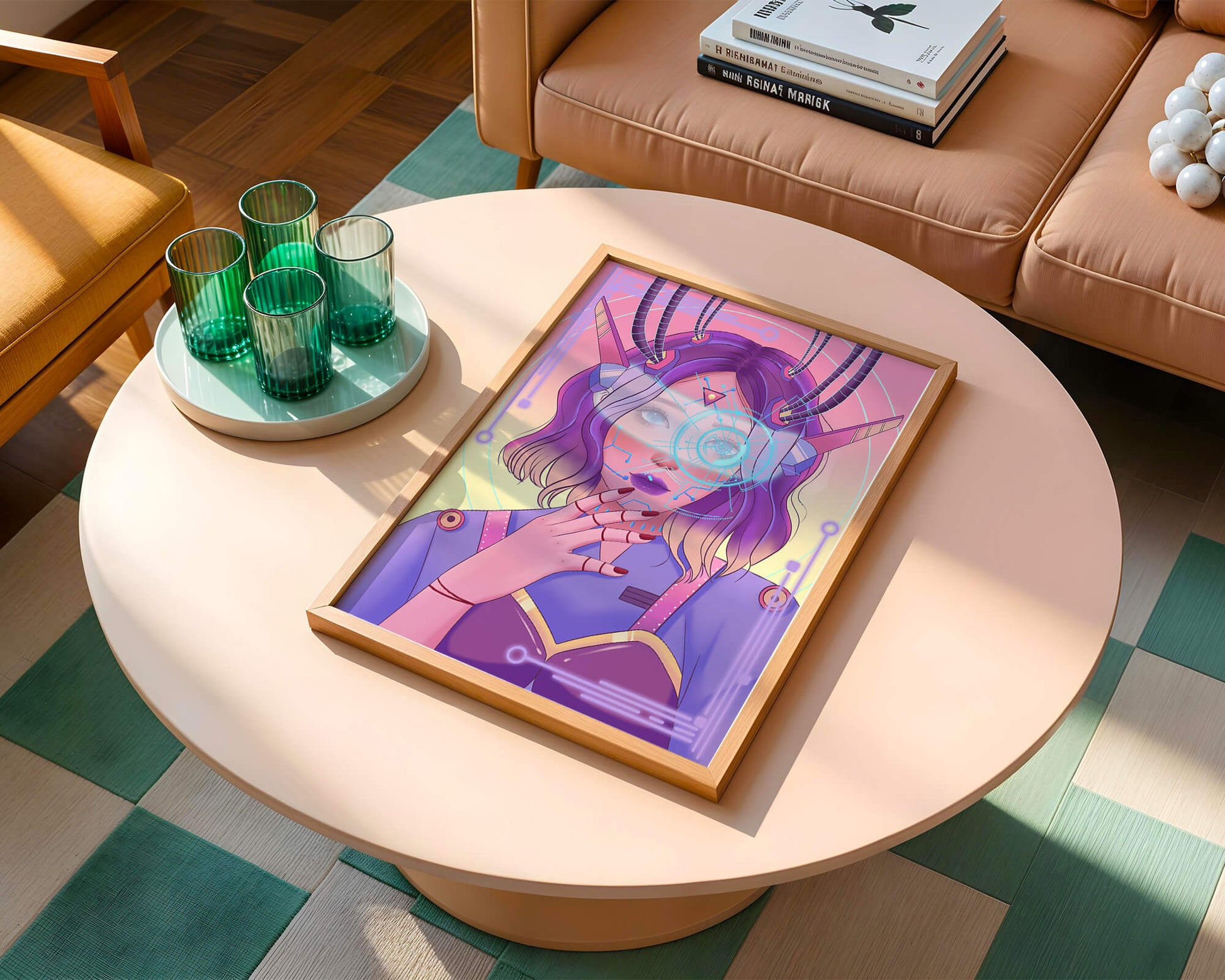 Futuristic digital art featuring a cybernetic woman with a holographic interface
