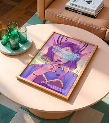 Futuristic digital art featuring a cybernetic woman with a holographic interface