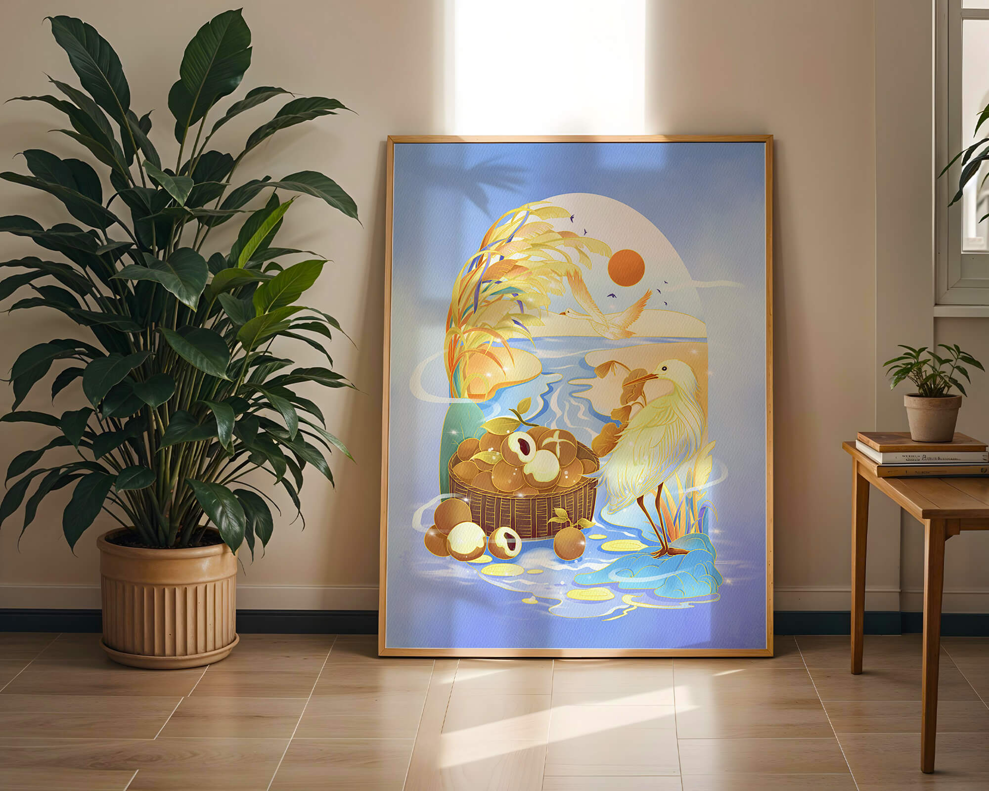 Serene landscape with a bird, fruit basket, and golden reeds under a bright sun