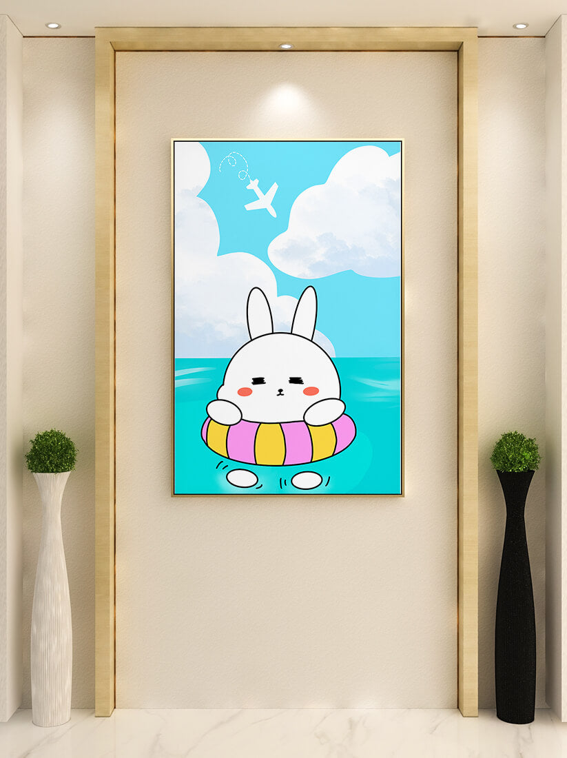 Illustration of a cute bunny floating on a colorful inflatable in a blue ocean under a bright sky with an airplane