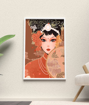 Elegante retrato de una mujer asiática con atuendo tradicional y elementos florales