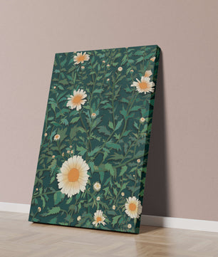 Floral pattern with daisies on a dark green background